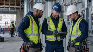 Three male electricians planning electrical labor requirements with a tablet