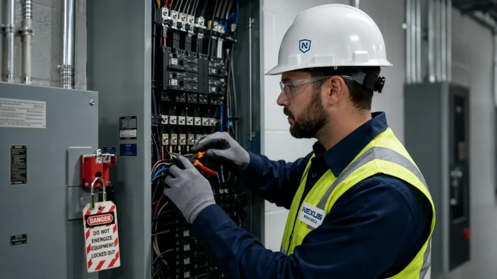 Nexus Workforce electrician wearing PPE while working safely inside a de-energized commercial electrical panel