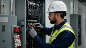 Nexus Workforce electrician wearing PPE while working safely inside a de-energized commercial electrical panel