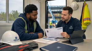 Nexus Workforce male recruiter reviewing qualifications with a male electrical candidate